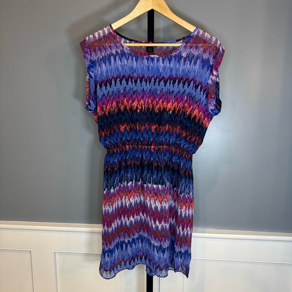 AQUA Ikat Print Dress Medium Multicolor Sheer Overlay Elastic Waist Mini